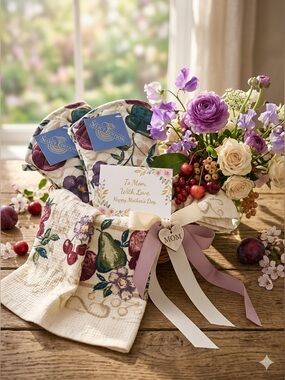 NWT Select Edition Vintage Botanical Oven Mitts & Kitchen Towel Set Purple Plum